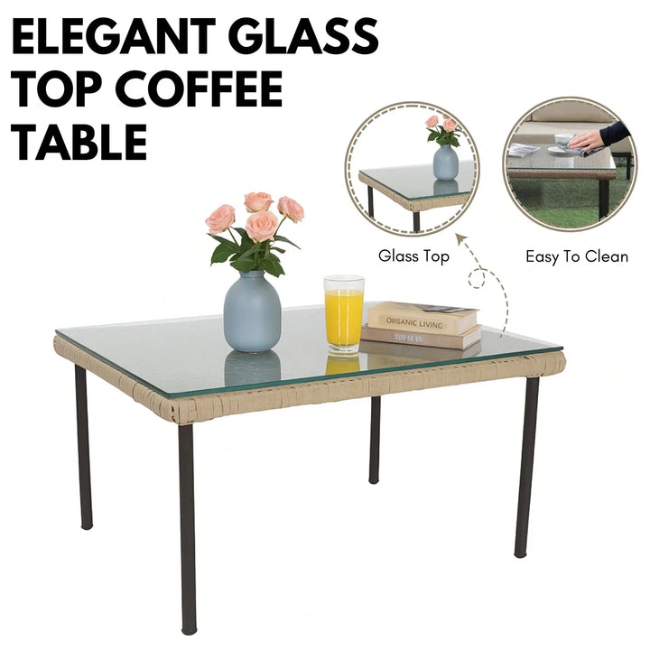 Amaya All-Weather Patio Rope Sofa Set with Glass Top Coffee Table