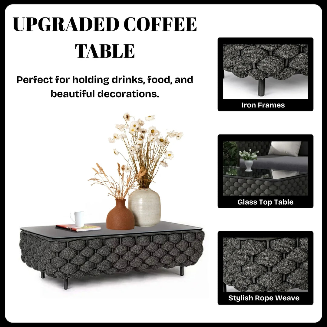 Camila 4 Piece Outdoor Rope Sofa Set with Glass Top Coffee Table (Black)