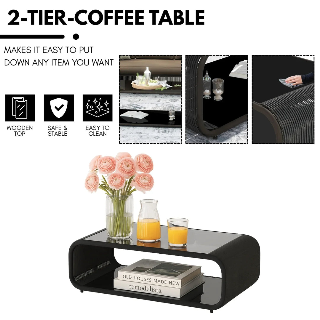 Yumna Outdoor Braided Rope Sofa Set With 2-Tier Glass Top Table