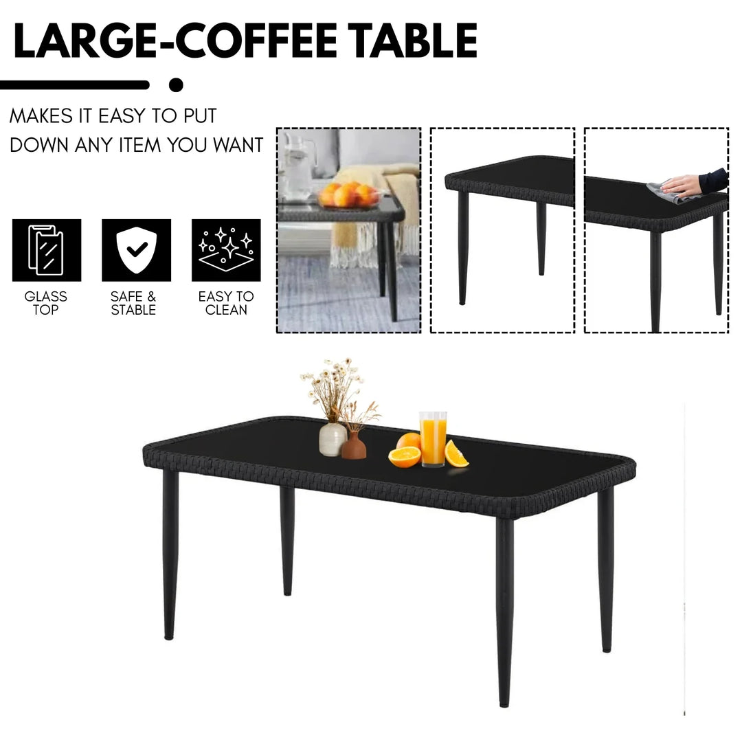 Presley Outdoor Rope 4-Piece Patio Sofa Set with Glass Top Table (Black/Light Grey)