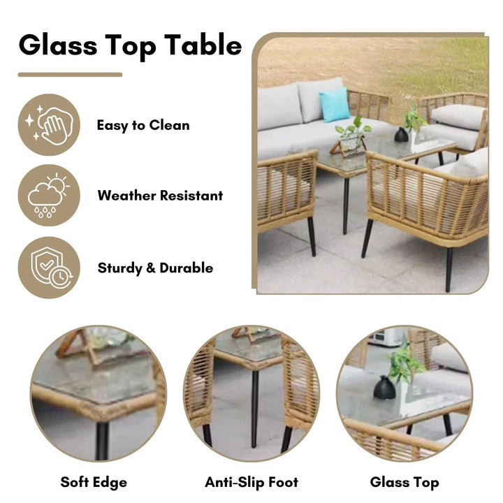 Noura Outdoor Beige Rope 7-Seater Sofa Set With Glass Top Table