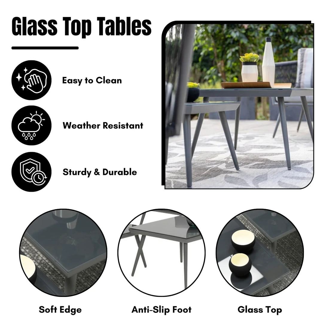 Teresa 5-Seater Outdoor Rope Patio Sofa Set with Glass Top Tables (Black & Grey)