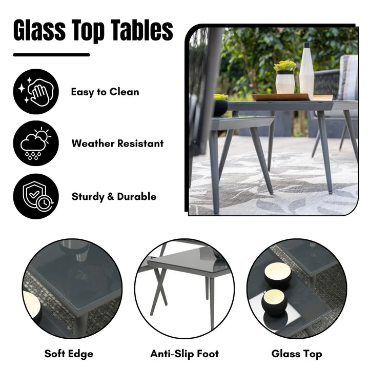 Teresa 5-Seater Outdoor Rope Patio Sofa Set with Glass Top Tables (Black & Grey)