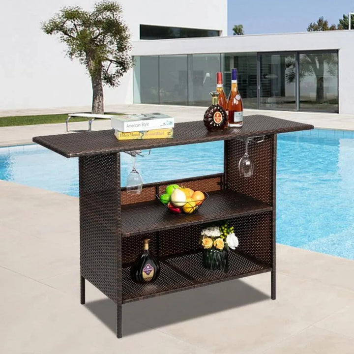 Pilar Outdoor Rattan Wicker Bar Table With Storage Selves