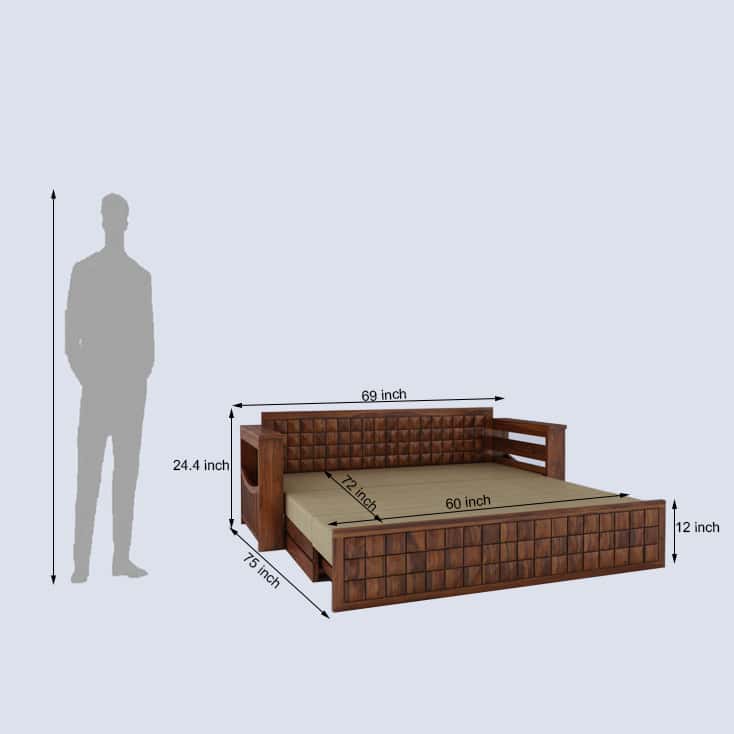 Freya Solid Sheesham Wood 3 Seater Sofa Cum Bed With Headboard and Mini Storage