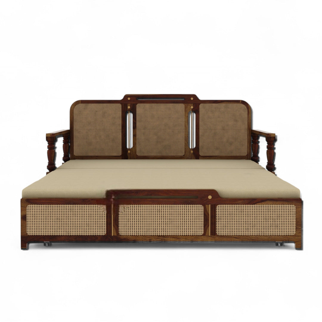 Daan Sheesham Wood 3 Seater Sofa Cum Bed with Cane Weaving & Premium Upholstery
