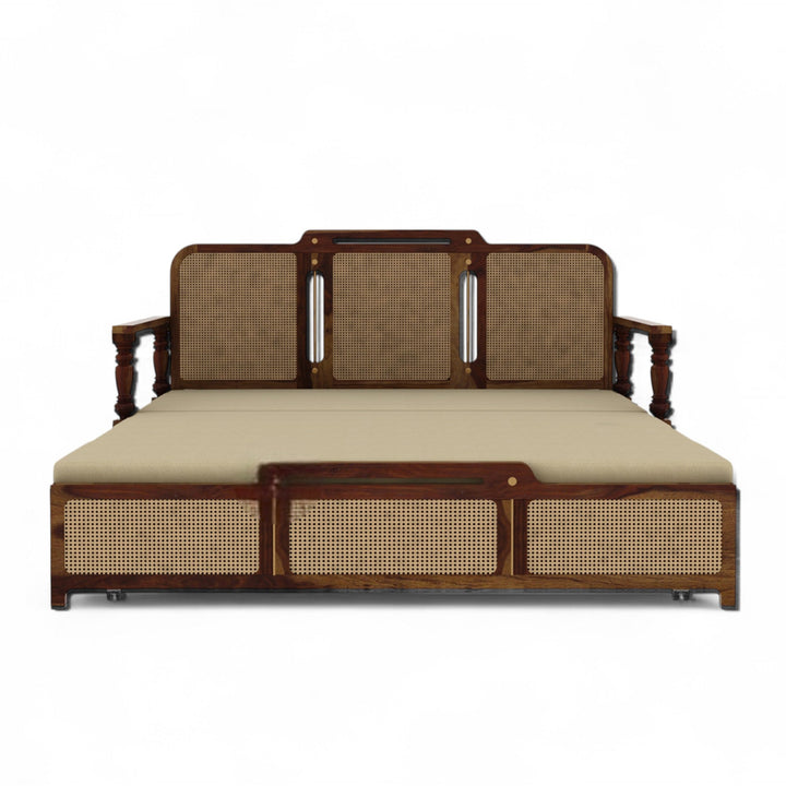 Daan Sheesham Wood 3 Seater Sofa Cum Bed with Cane Weaving & Premium Upholstery