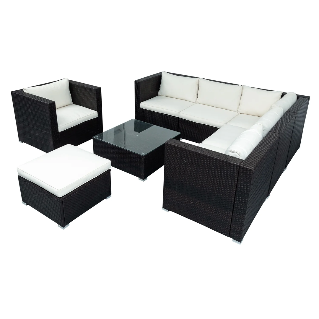 Silas Outdoor Garden Balcony Sofa Set 5 Seater, Single seater With 1 Ottoman and 1 Center Table Set (Black + White)