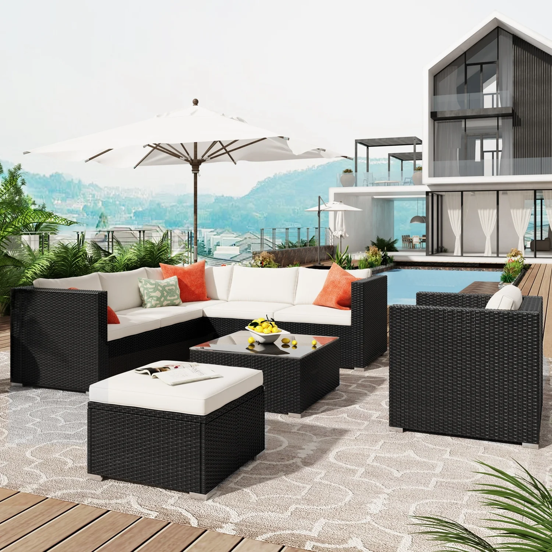 Silas Outdoor Garden Balcony Sofa Set 5 Seater, Single seater With 1 Ottoman and 1 Center Table Set (Black + White)