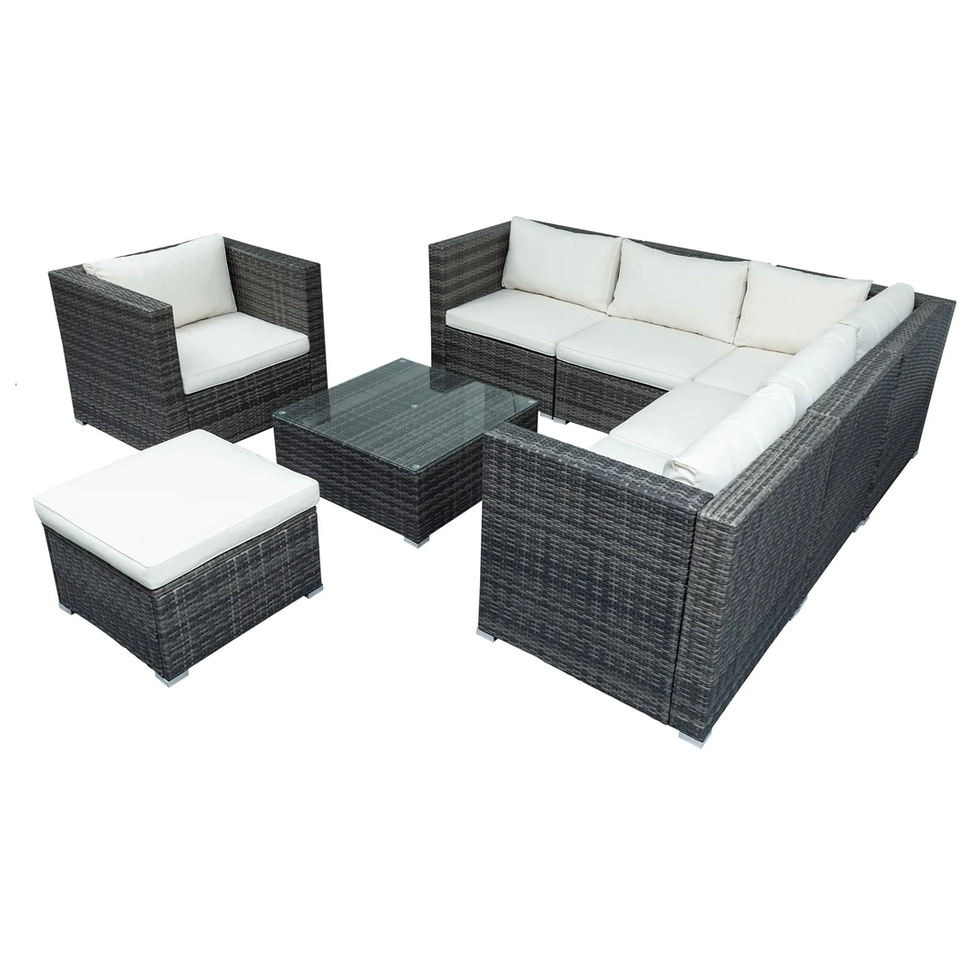 Zoi Outdoor Garden Balcony Sofa Set 6 Seater, Single seater With 1 Ottoman and 1 Center Table Set (Brown + White)