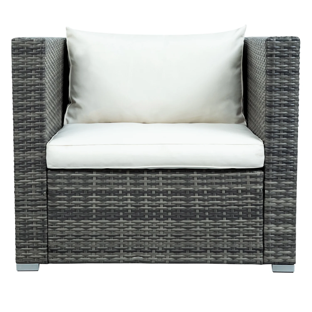 Zoi Outdoor Garden Balcony Sofa Set 6 Seater, Single seater With 1 Ottoman and 1 Center Table Set (Brown + White)