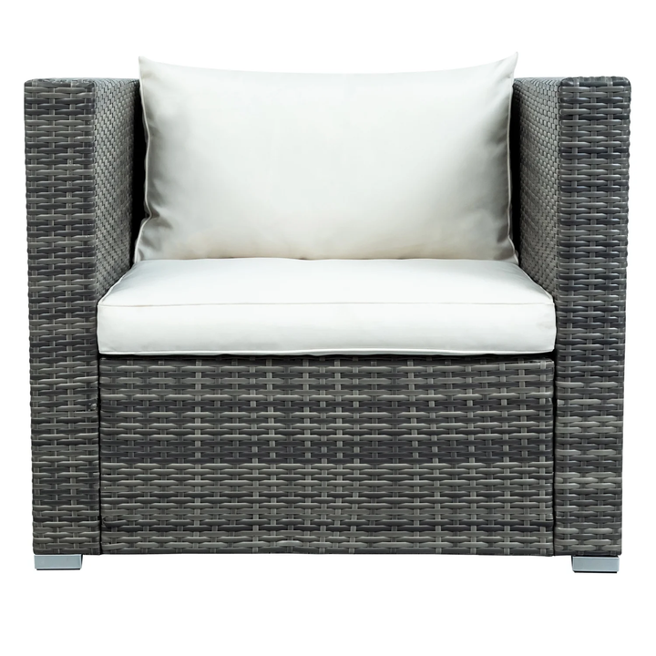 Zoi Outdoor Garden Balcony Sofa Set 6 Seater, Single seater With 1 Ottoman and 1 Center Table Set (Brown + White)