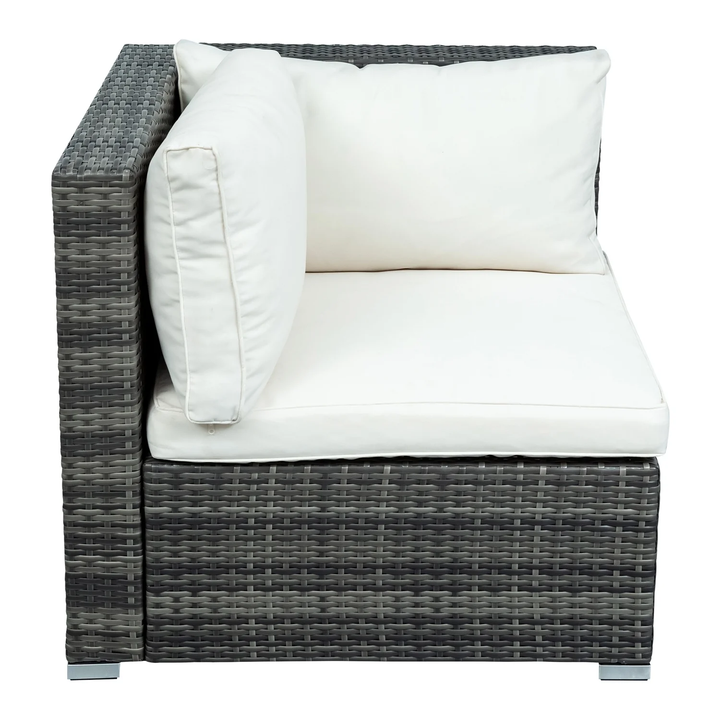 Zoi Outdoor Garden Balcony Sofa Set 6 Seater, Single seater With 1 Ottoman and 1 Center Table Set (Brown + White)