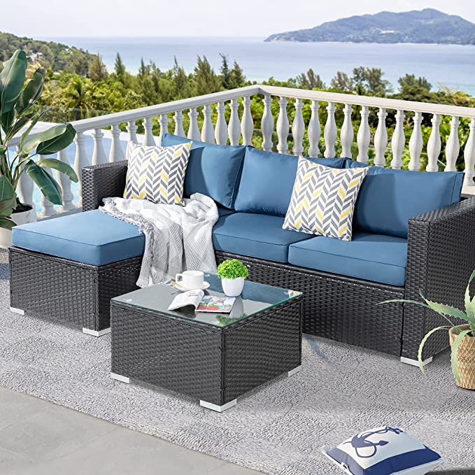 Kelo Outdoor Patio Sofa Set 3 Seater , 1 ottoman and 1 Center Table Set (Black + Navy Blue)