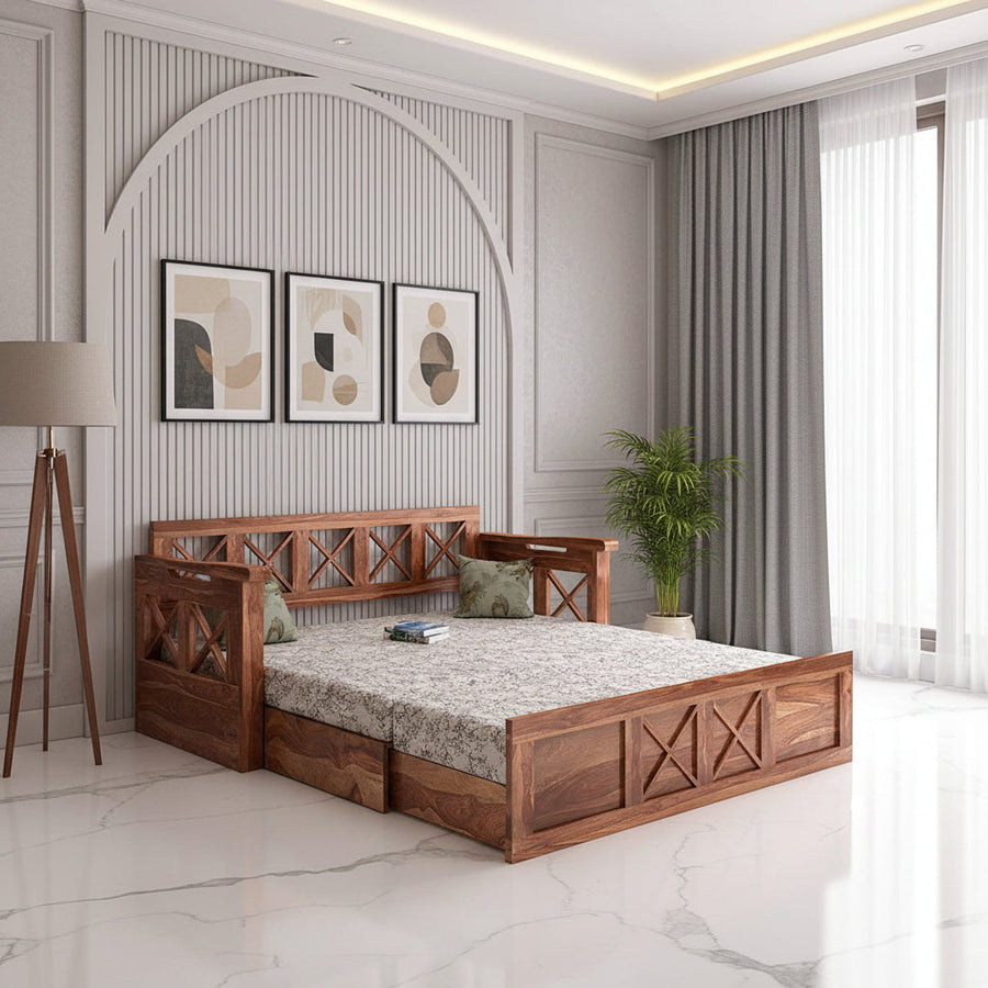 Mohira Wooden Sofa Cum Bed for Living Room Home (Sheesham Wood) - Brown - Sofa Cum Bed