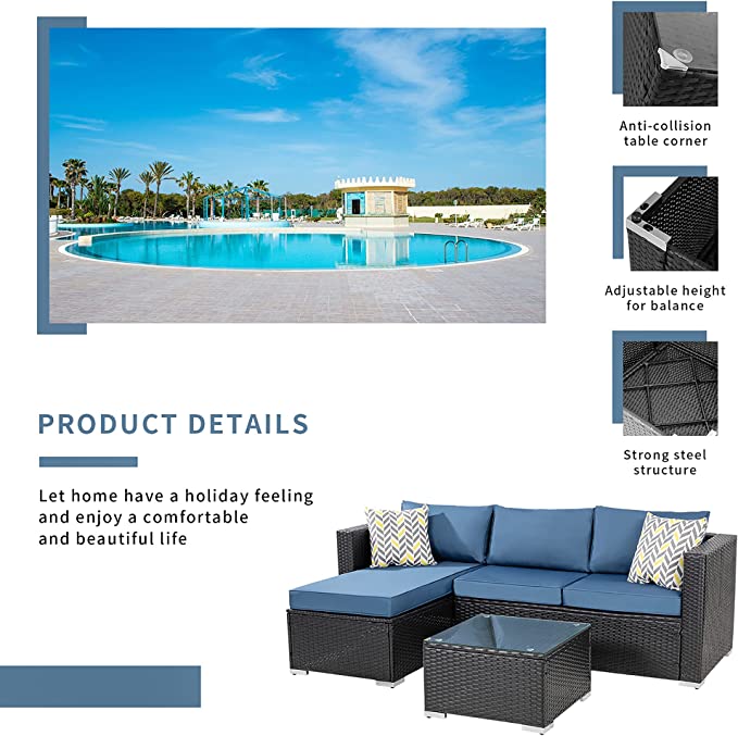 Kelo Outdoor Patio Sofa Set 3 Seater , 1 ottoman and 1 Center Table Set (Black + Navy Blue)