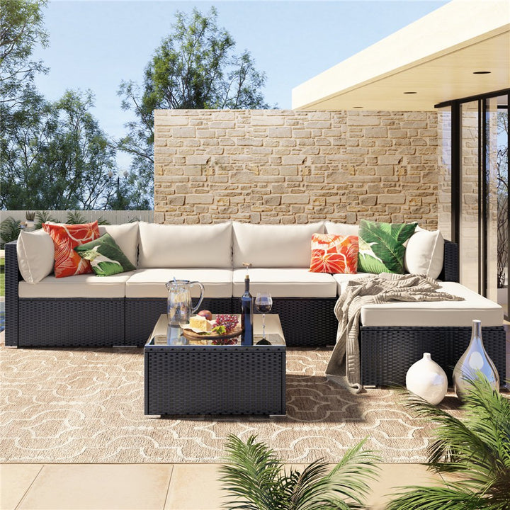 Ollie Outdoor Patio Sofa Set 4 Seater and 1 Table With 1 Ottoman Set (Black + Cream)