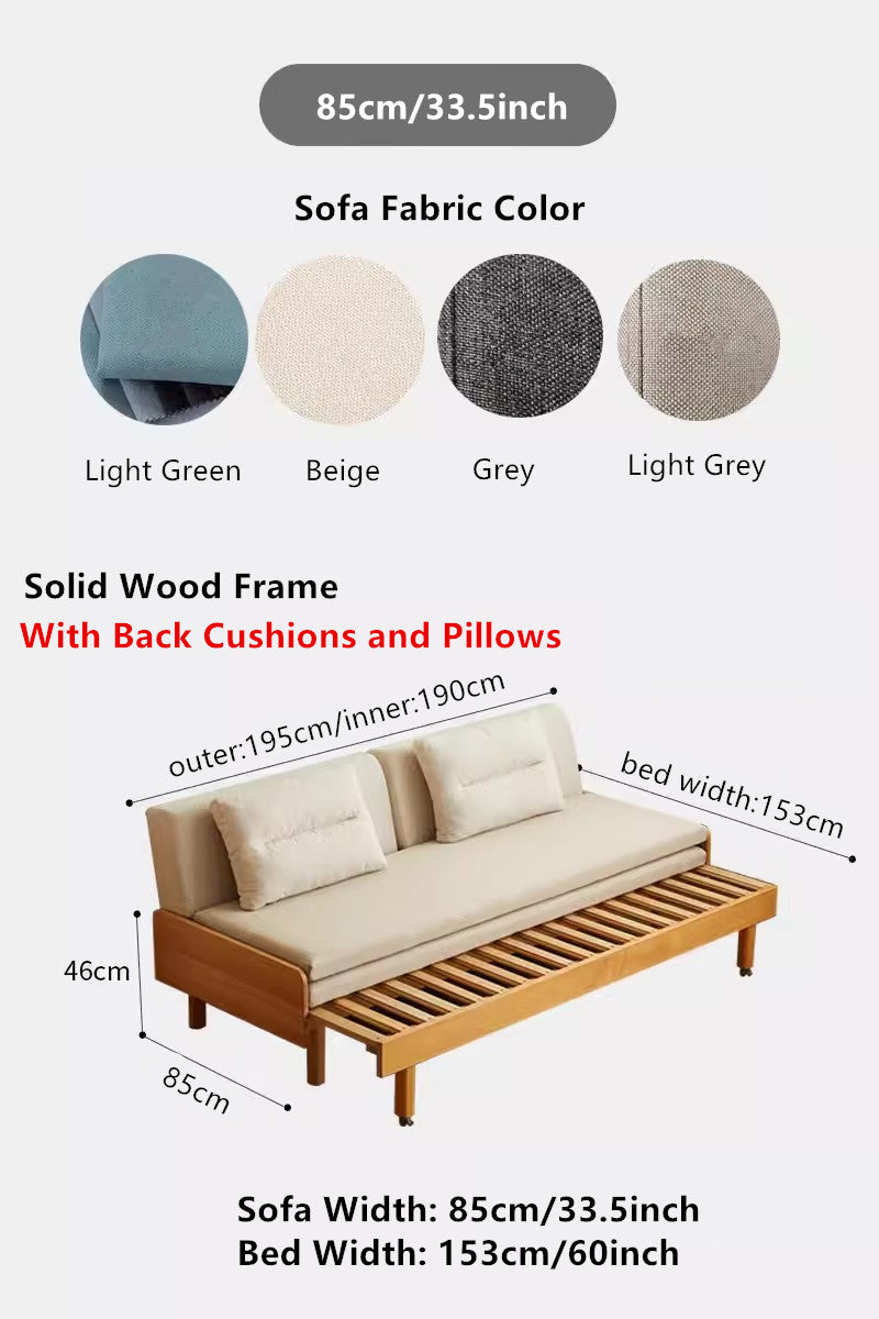 Japandi Pull Out Solid Beech Wood Day Bed SOFA WIDTH 85CM/BED WIDTH 153CM / WITH BACK CUSHIONS AND PILLOWS DAY BED