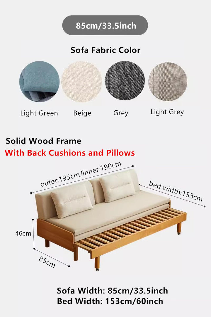 Japandi Pull Out Solid Beech Wood Day Bed SOFA WIDTH 85CM/BED WIDTH 153CM / WITH BACK CUSHIONS AND PILLOWS DAY BED