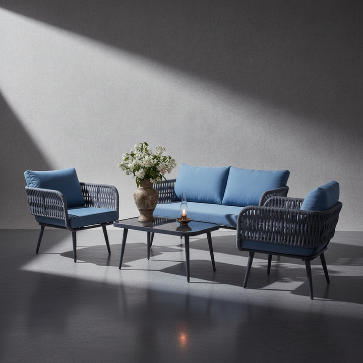 Polari Outdoor Garden Balcony Sofa Set 2 Seater , 2 Single Seater 1 Center Table Set (Grey) Braided and Rope