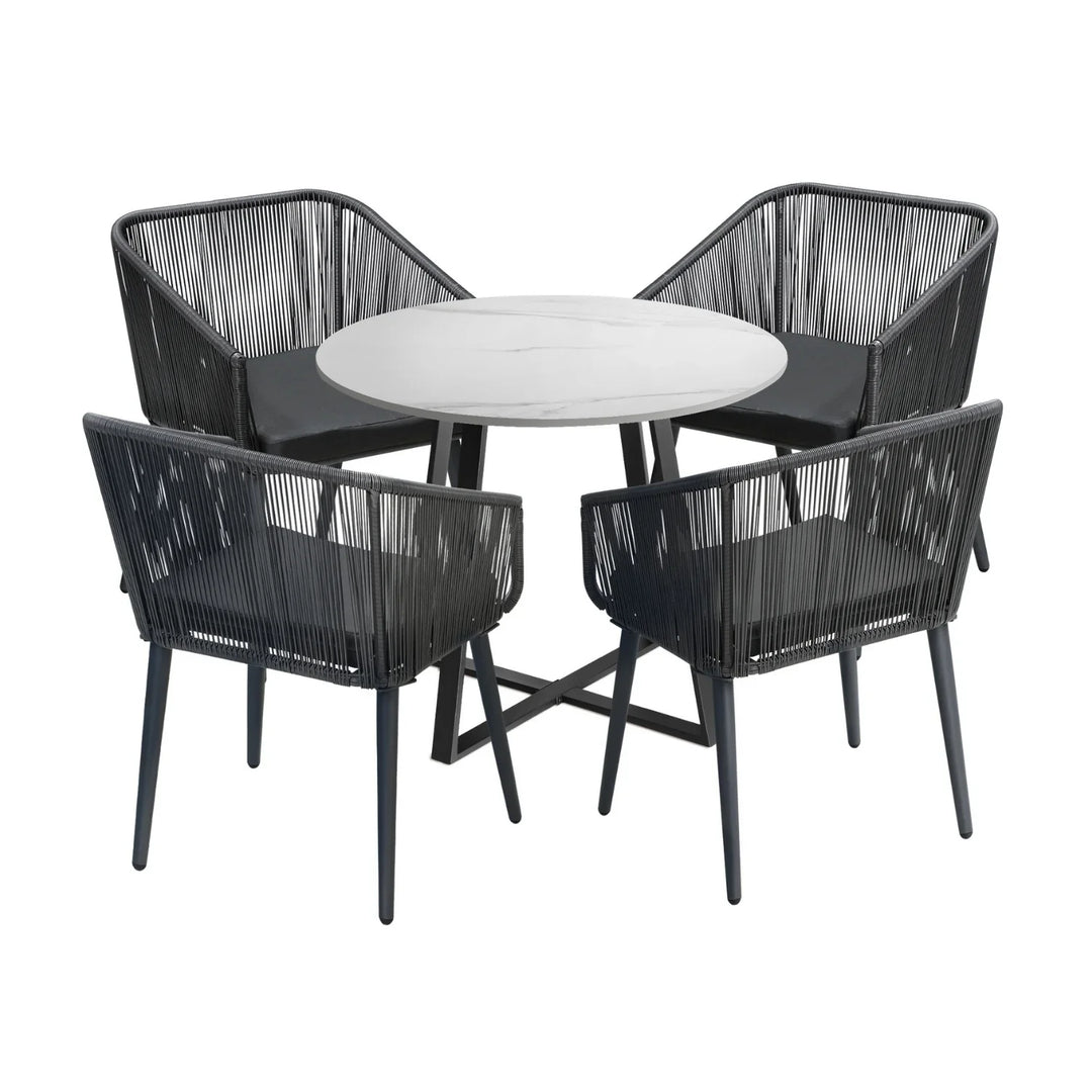 Galilea 5-Piece Outdoor Patio Dining Set with Rope Chairs & Marble-Top Table