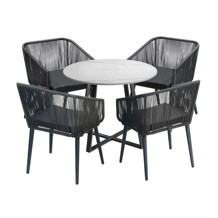Galilea 5-Piece Outdoor Patio Dining Set with Rope Chairs & Marble-Top Table