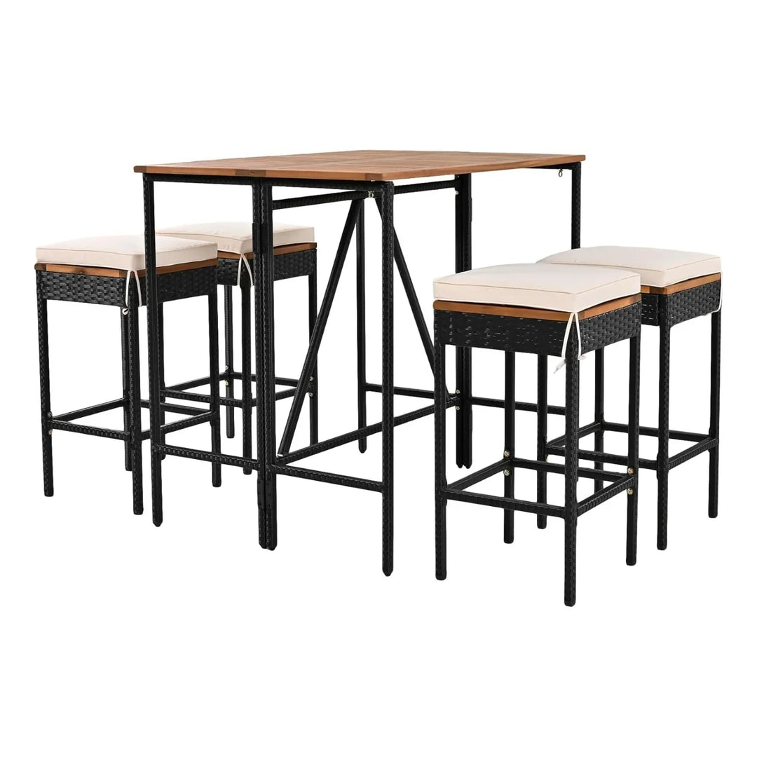 Mirabelle 5-Piece Outdoor Rattan Wicker Bar Set with Wooden Top Table