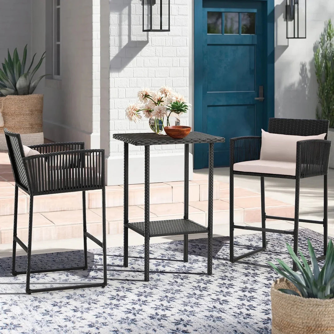 Walburga Outdoor Rattan Wicker Bar Set With 2-Tier Table