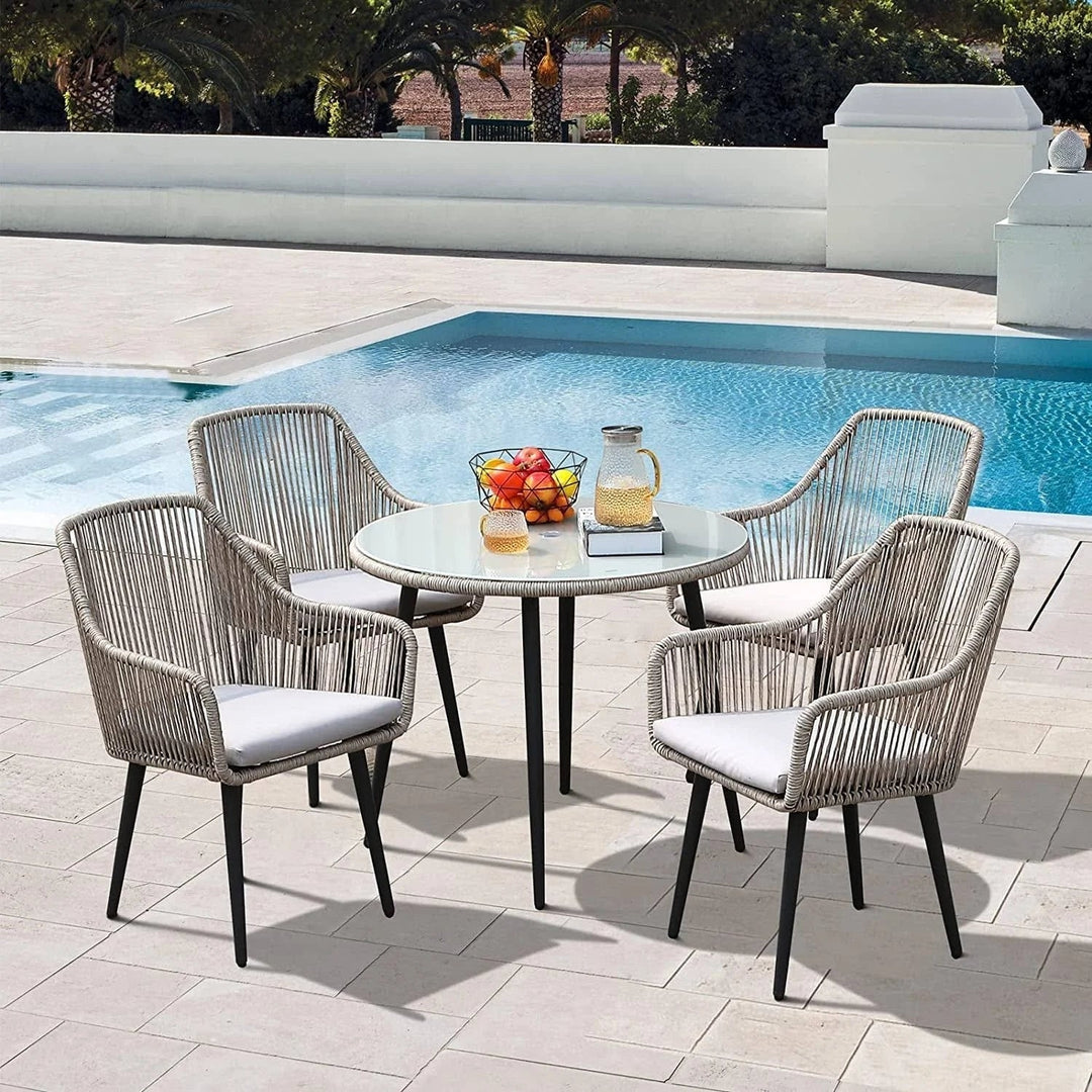 Zoya 5-Piece Outdoor Rope Patio Dining Set With Glass Top Table