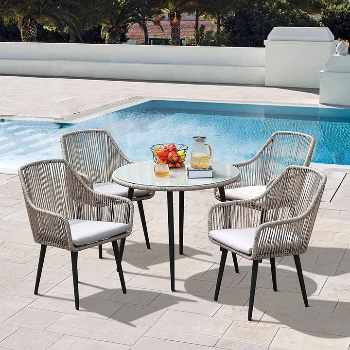 Zoya 5-Piece Outdoor Rope Patio Dining Set With Glass Top Table