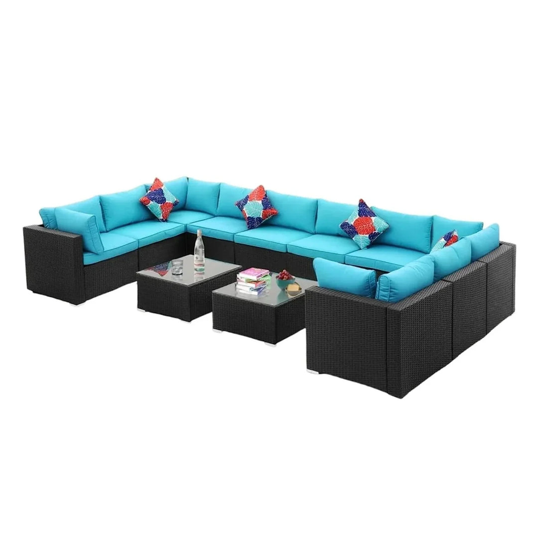 Meili 6-Piece Outdoor Wicker Sofa Set (Black/Sky-Blue)
