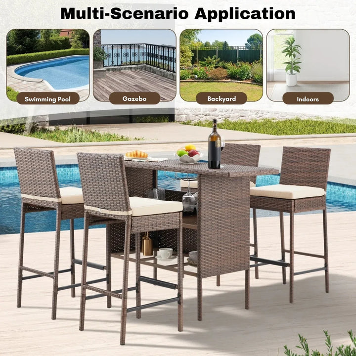 Sayaka 5-Piece Outdoor Rattan Wicker Bar Set with Wicker Top Table