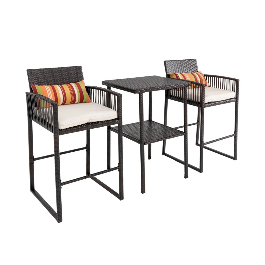 Xaveria Outdoor Rattan Wicker Bar Set With 2-Tier Table