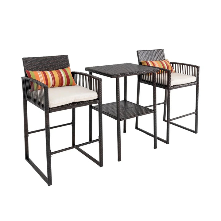 Xaveria Outdoor Rattan Wicker Bar Set With 2-Tier Table