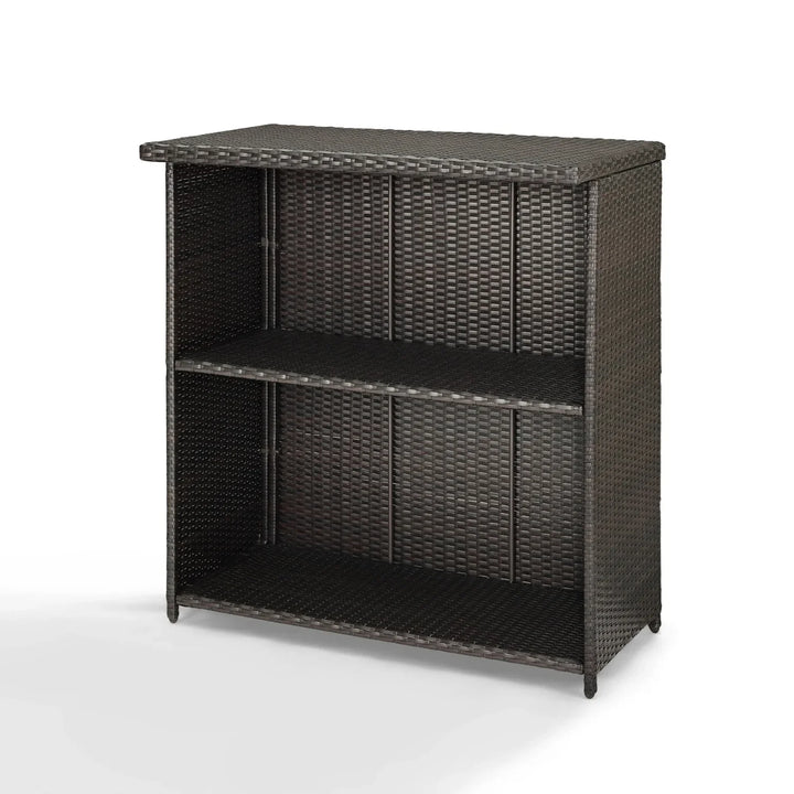 Olalla Outdoor Rattan Wicker Bar Table With Storage Selves