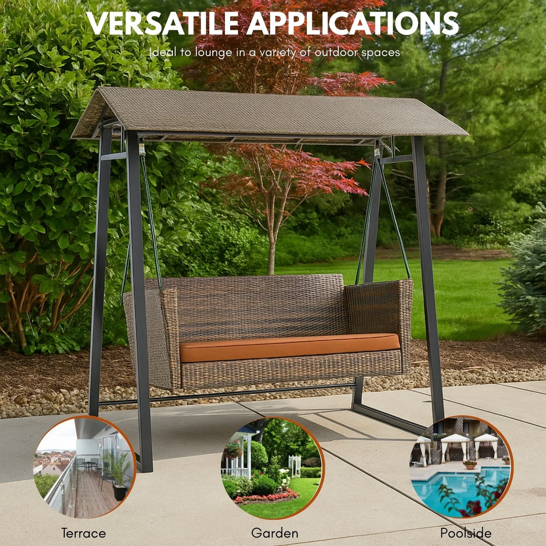 Tigist All Weather Wicker 2-Seat Patio Swing Chair with Shade & Cushions