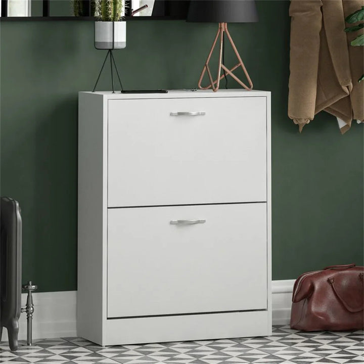 OmkarWood Flip-Down Shoe Cabinet – Compact 2-Door Storage for 8 Pairs (White Engineered Wood)