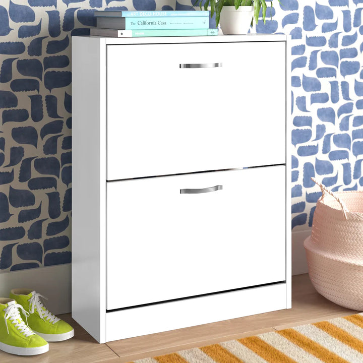 OmkarWood Flip-Down Shoe Cabinet – Compact 2-Door Storage for 8 Pairs (White Engineered Wood)