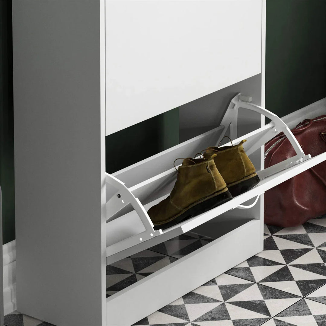 OmkarWood Flip-Down Shoe Cabinet – Compact 2-Door Storage for 8 Pairs (White Engineered Wood)