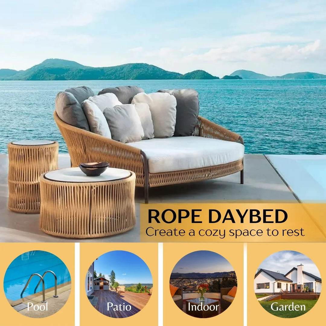 Roxane Outdoor Patio Rope Daybed With Center and Side Tables