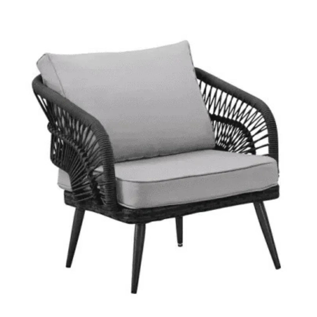 Presley Outdoor Rope 4-Piece Patio Sofa Set with Glass Top Table (Black/Light Grey)