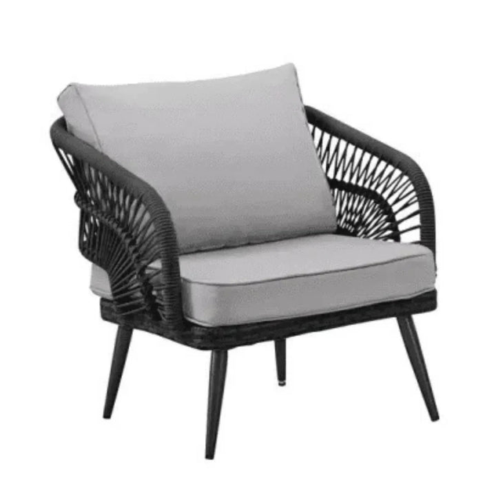 Presley Outdoor Rope 4-Piece Patio Sofa Set with Glass Top Table (Black/Light Grey)