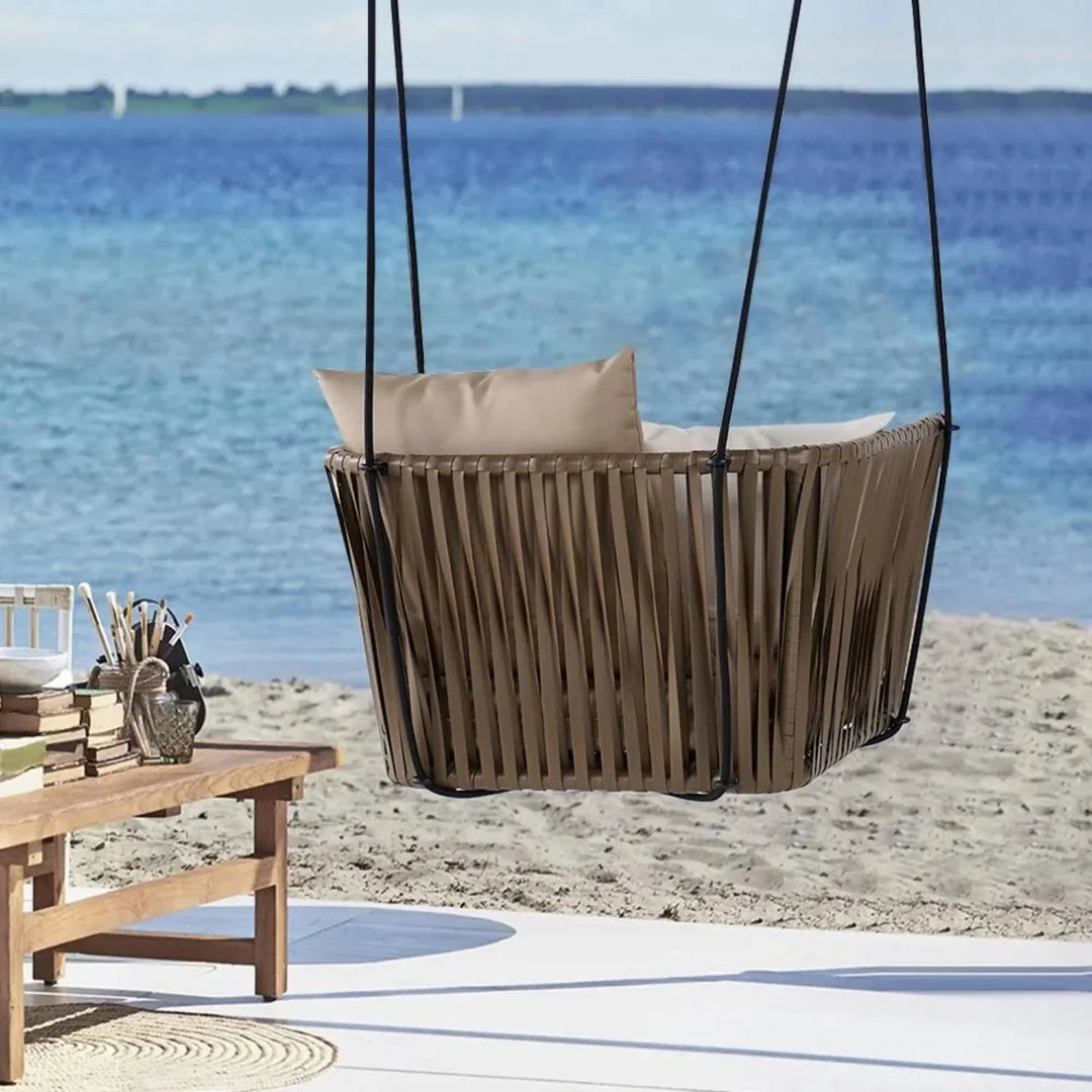 Traditional Porch Outdoor Rattan Garden Swing Chair with Beige Cushion