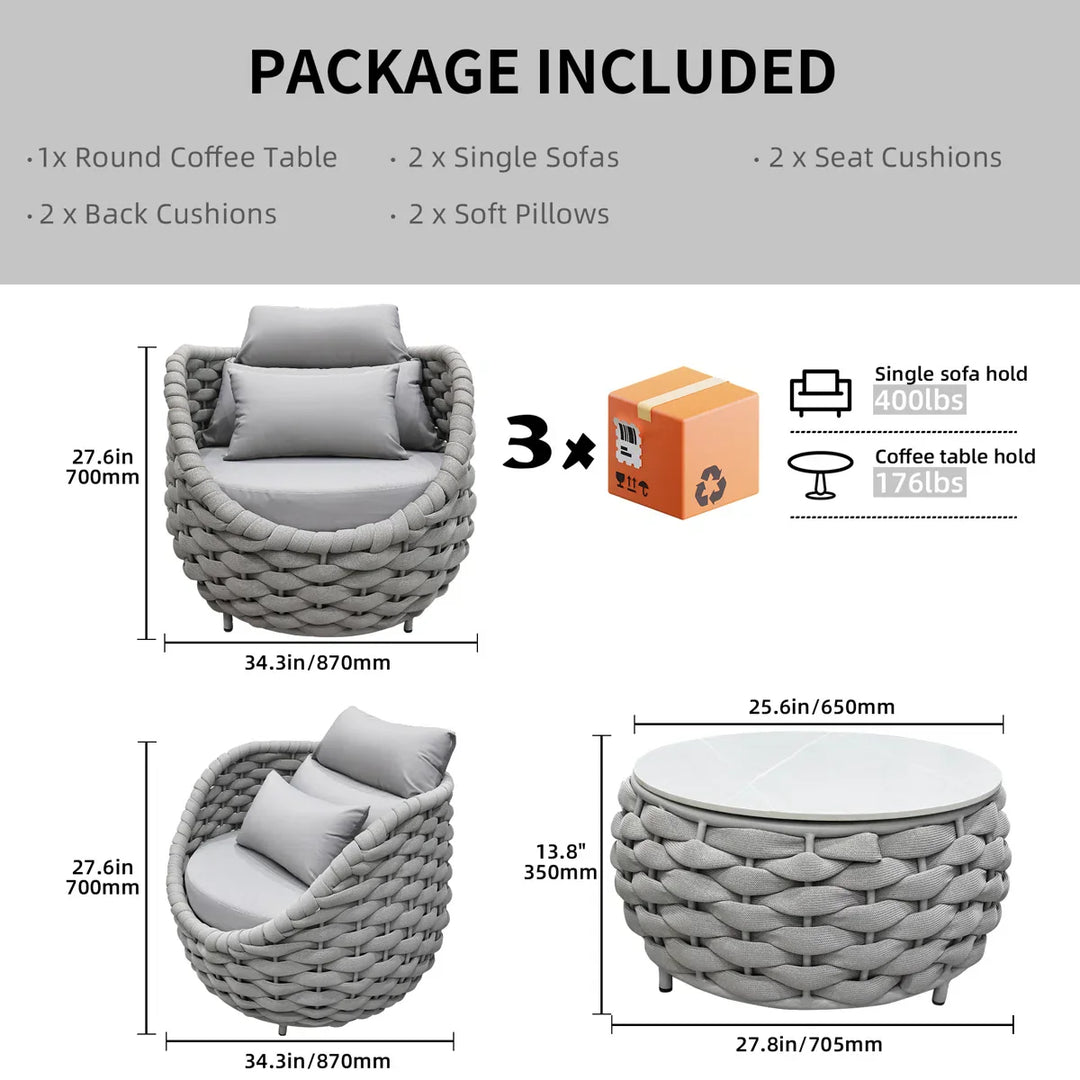 Fiae Outdoor Patio Seating Set 2 Chairs and 1 Table Set (Light Grey) Braided & Rope