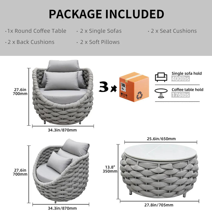 Fiae Outdoor Patio Seating Set 2 Chairs and 1 Table Set (Light Grey) Braided & Rope