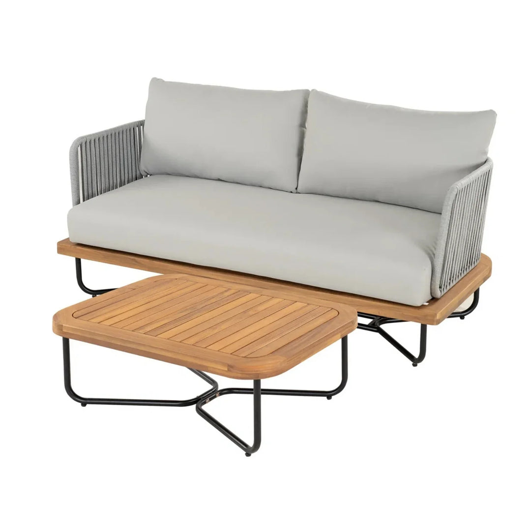 Uma Outdoor 4-Piece Rope Woven Conversation Sofa Set with Wooden Top Table