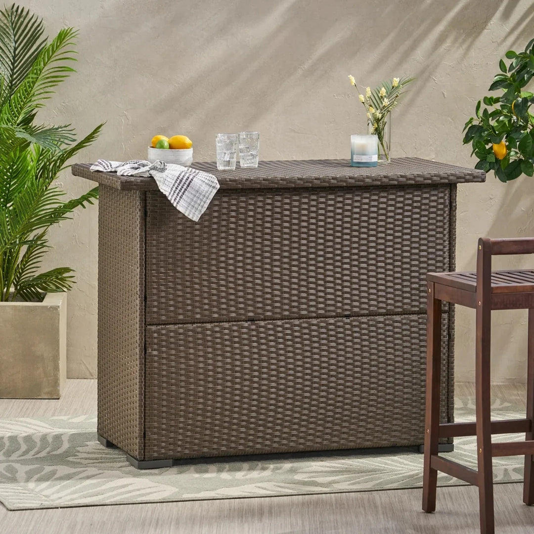 Rocio Outdoor Rattan Wicker Bar Table With Storage Selves