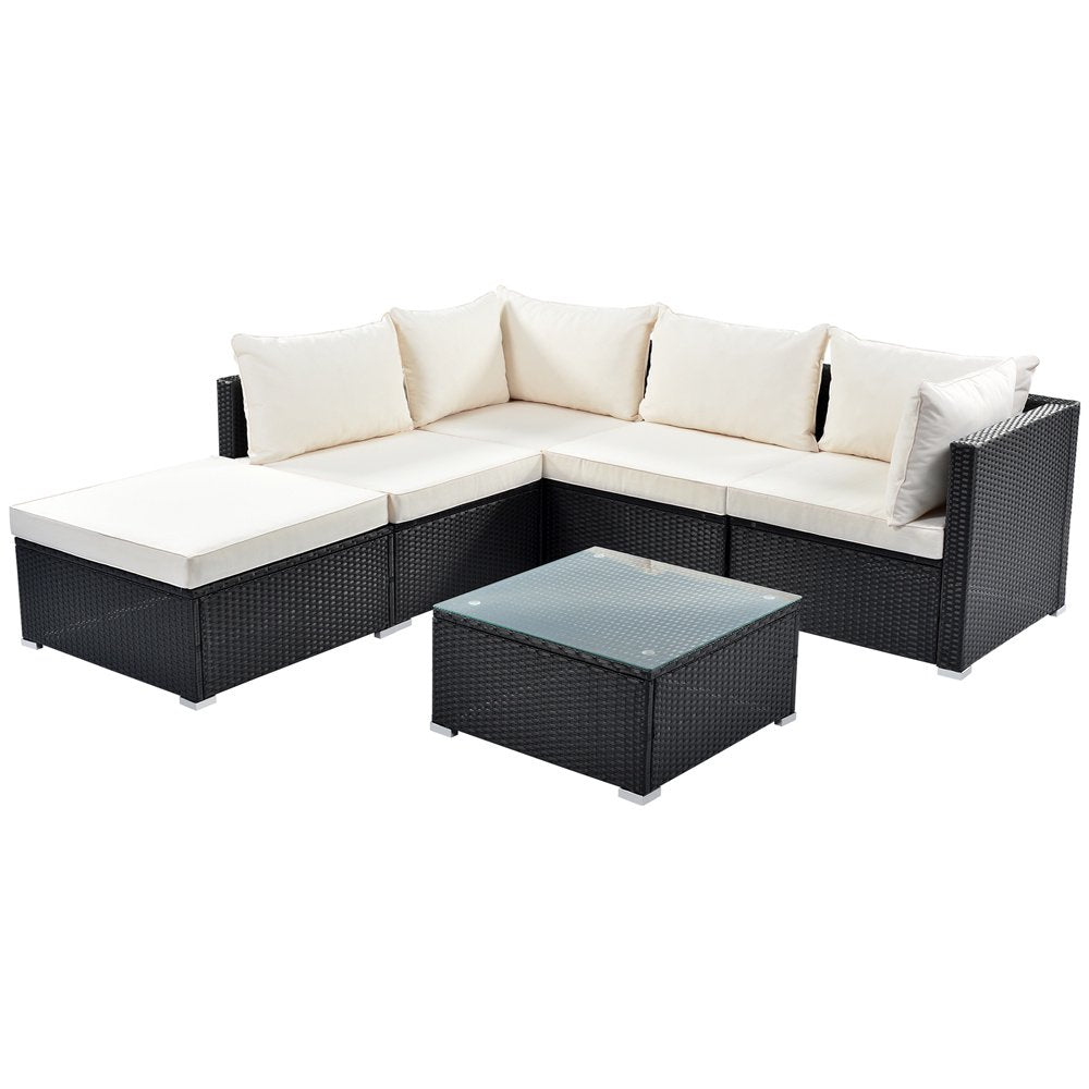 Ollie Outdoor Patio Sofa Set 4 Seater and 1 Table With 1 Ottoman Set (Black + Cream)