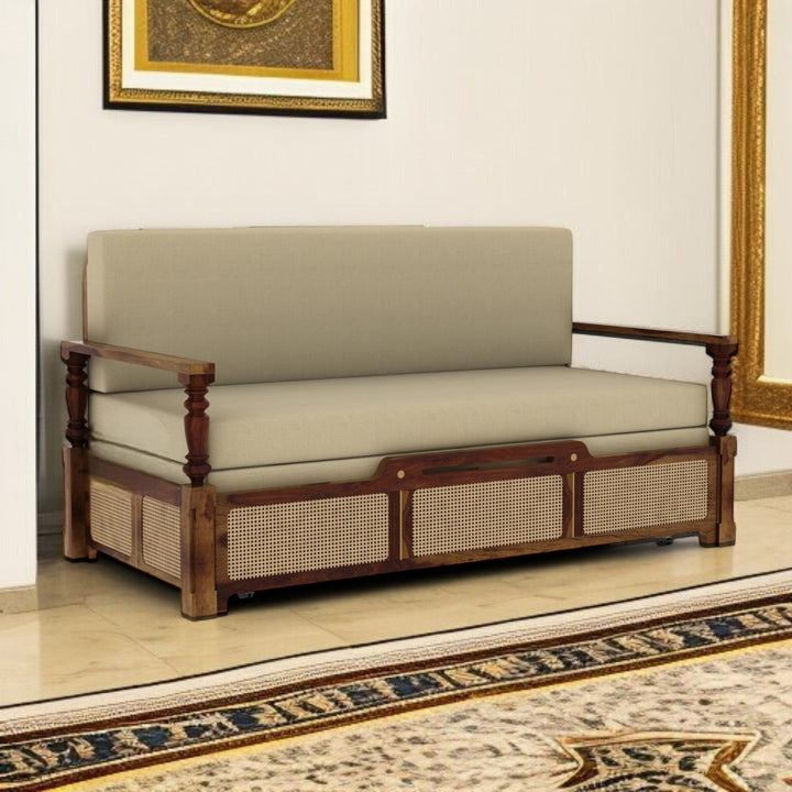 Daan Sheesham Wood 3 Seater Sofa Cum Bed with Cane Weaving & Premium Upholstery