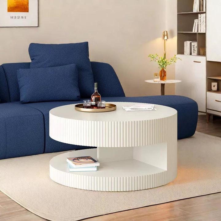 Avrora MDF White Coffee Table for Living Room | Grooving Pattern | Open Storage